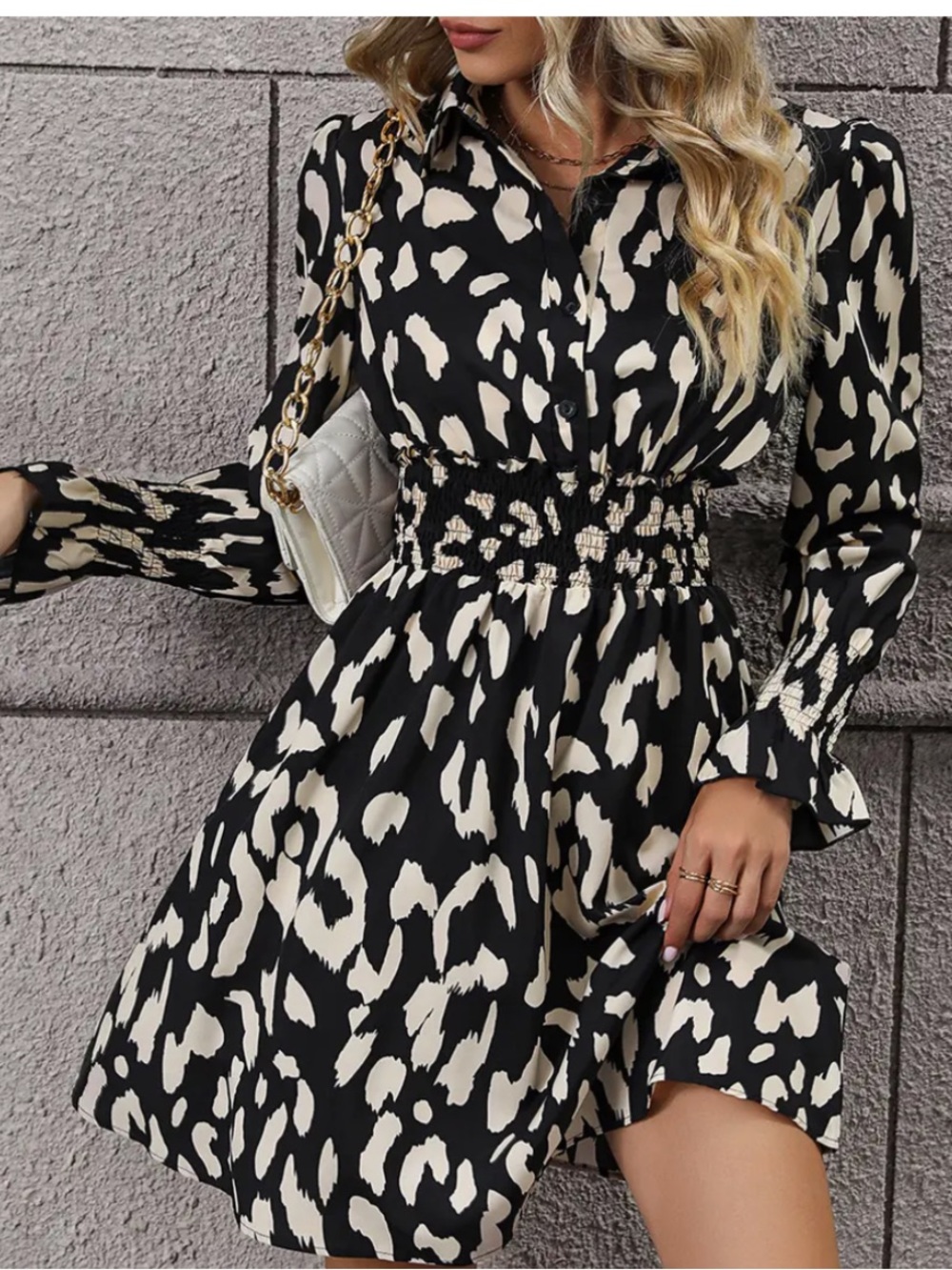 Doublju Black and Cream Animal Print Midi Dress